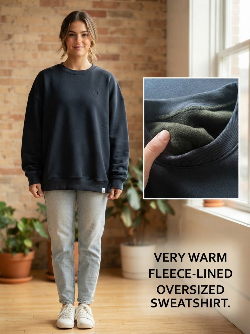 Oversized Fleece-Lined Sweatshirt - Navy